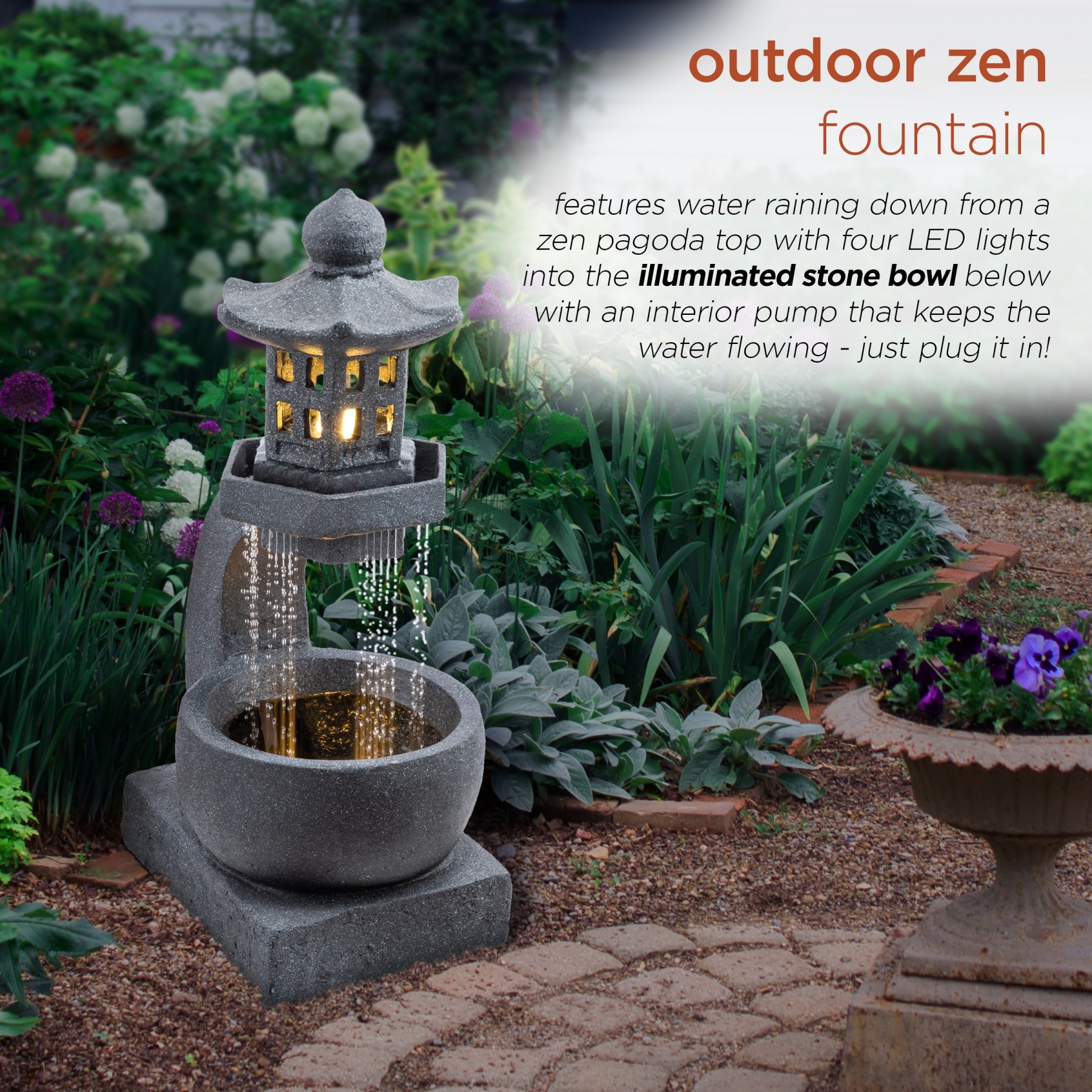 31 Tall Tranquil Zen Pagoda Water Fountain with LED Lights