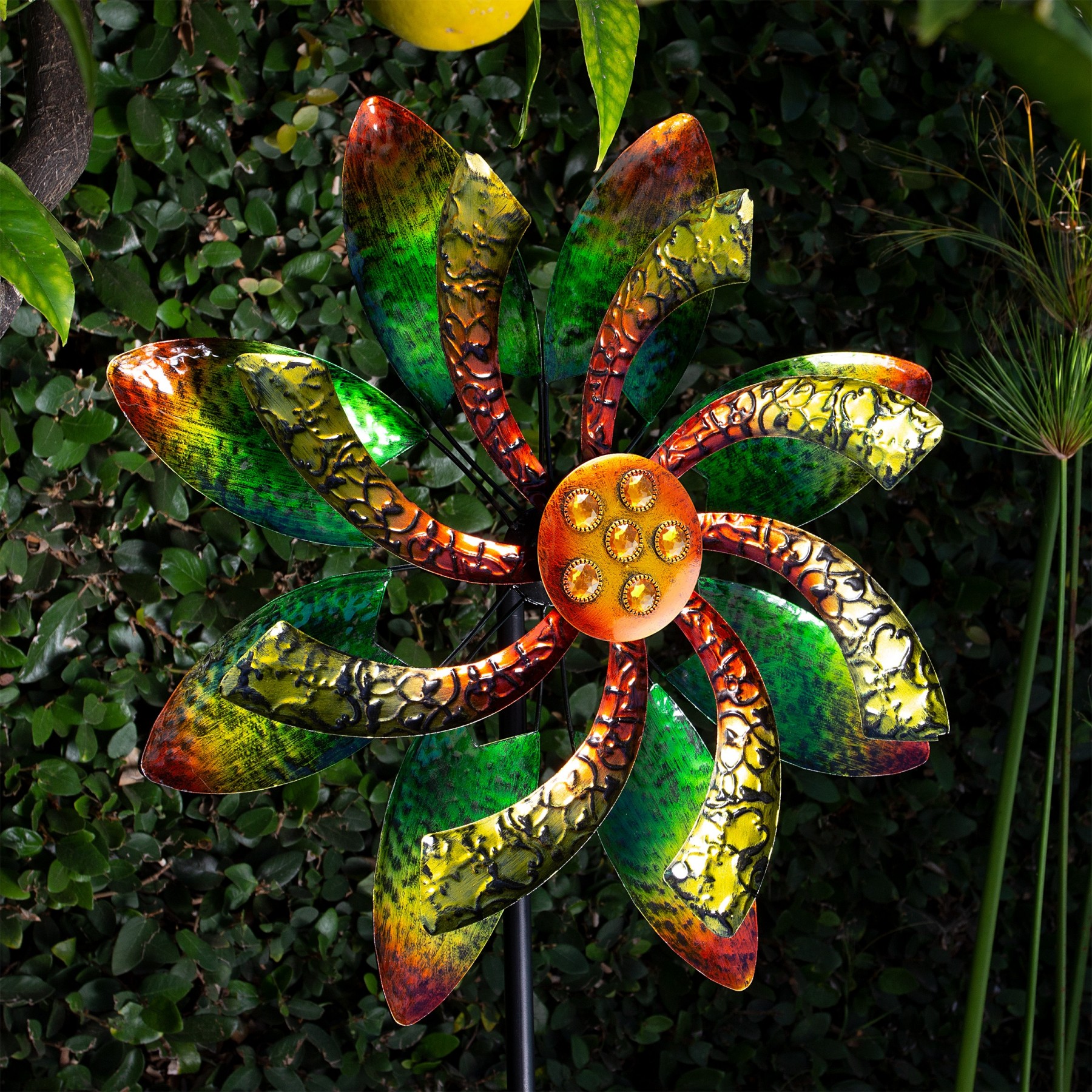 Garden Wind Spinners Australia 65" Radiant Green/Orange Dual Floral Wind Spinner Garden Stake | Garden