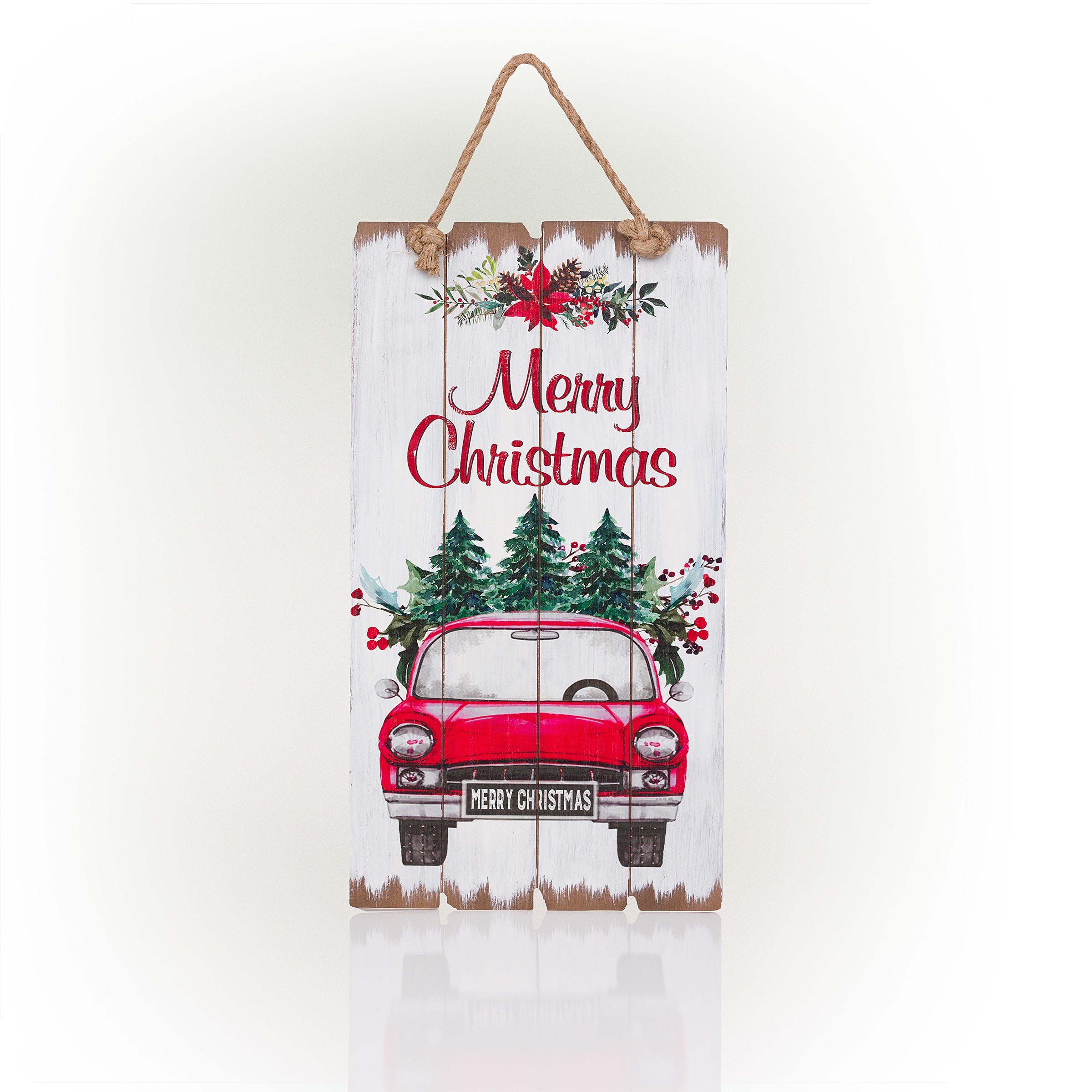 Alpine Corporation 20"H Indoor Hanging Merry Christmas Vintage Car Wall Decoration Sign