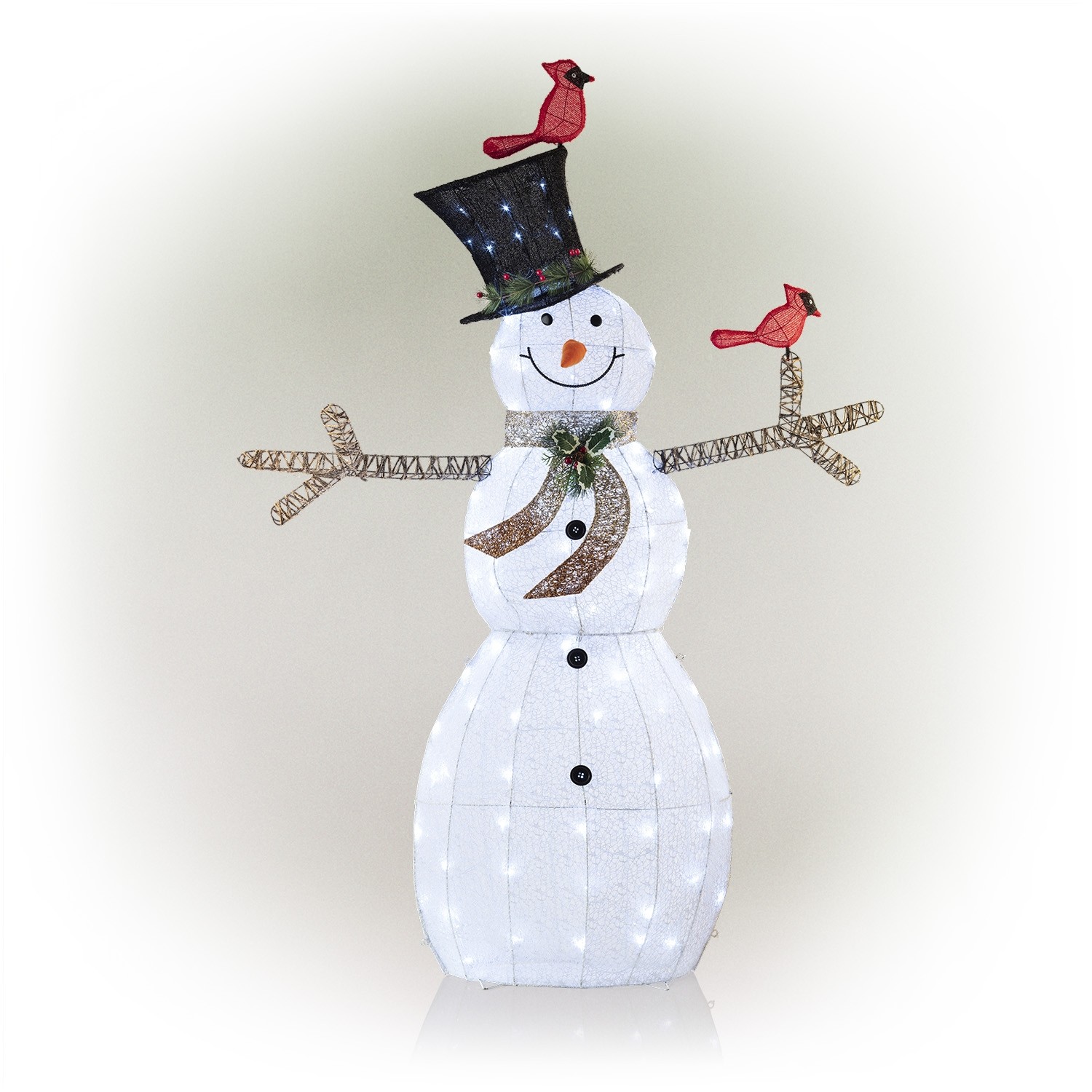 White Mesh Snowman w/Birds and 100 Cool White LED Lights