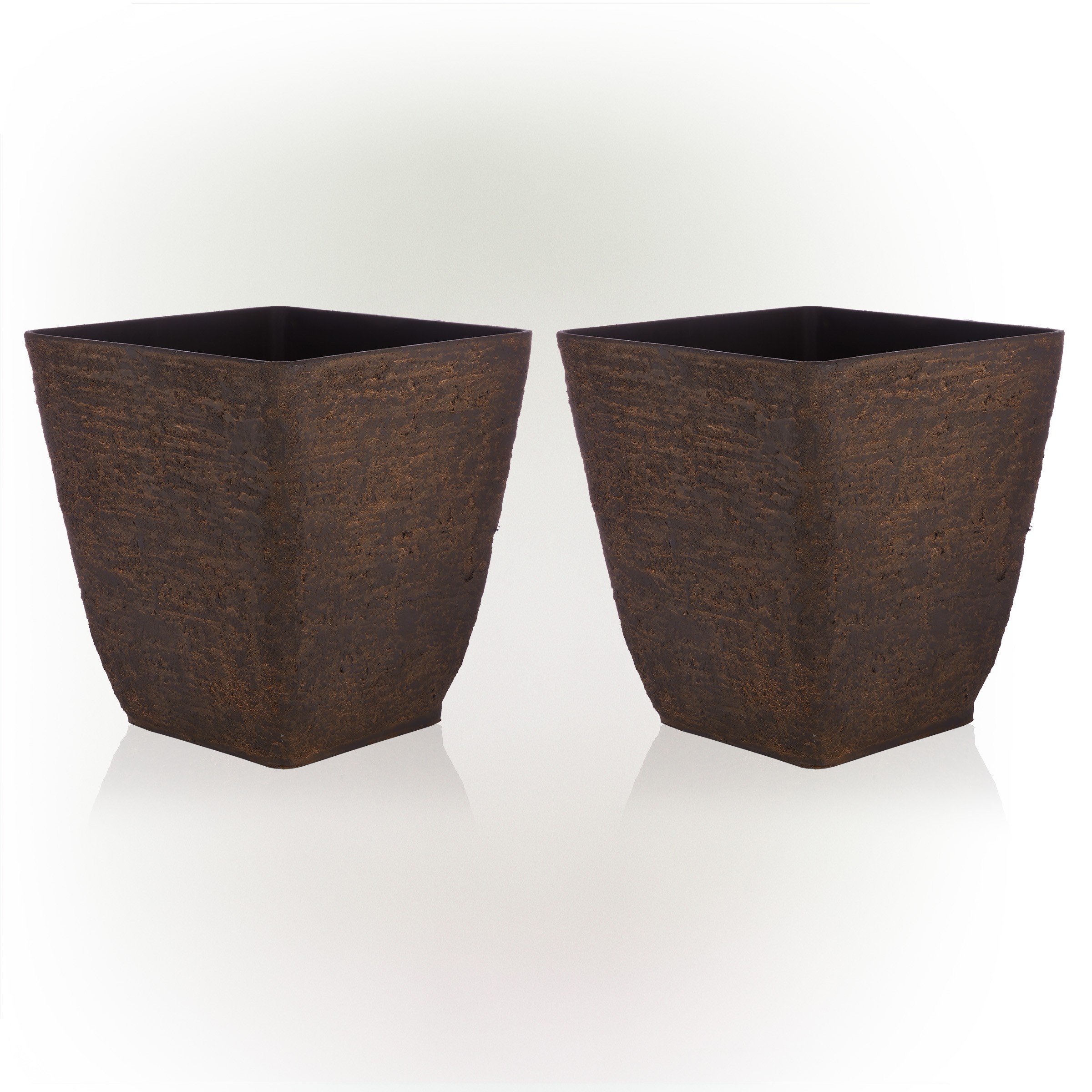 17" BROWN TEXTURED STONE-LOOK SQUARED PLANTERS-SET OF 2 -LG