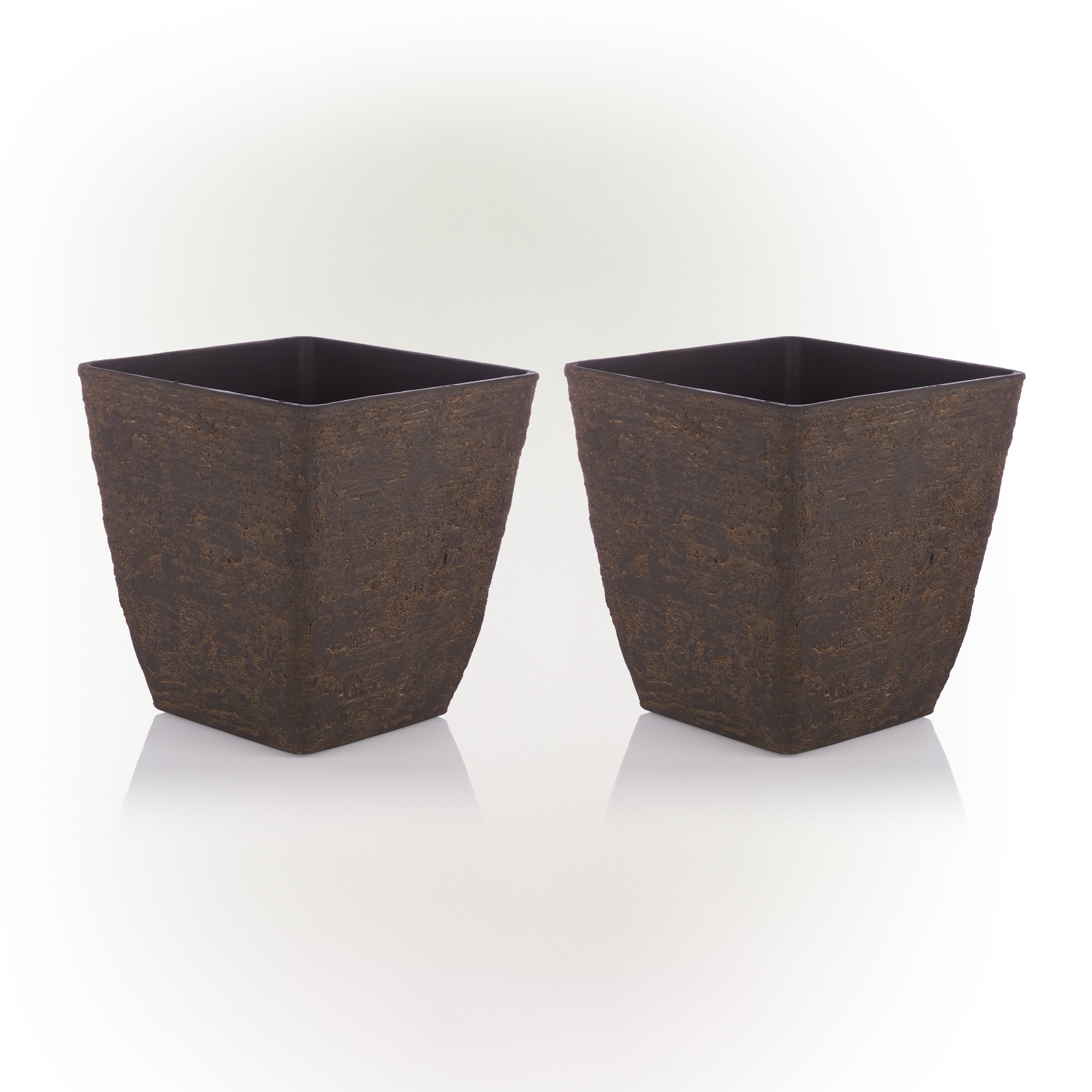 14" BROWN TEXTURED STONE-LOOK SQUARED PLANTERS-SET OF 2-MED