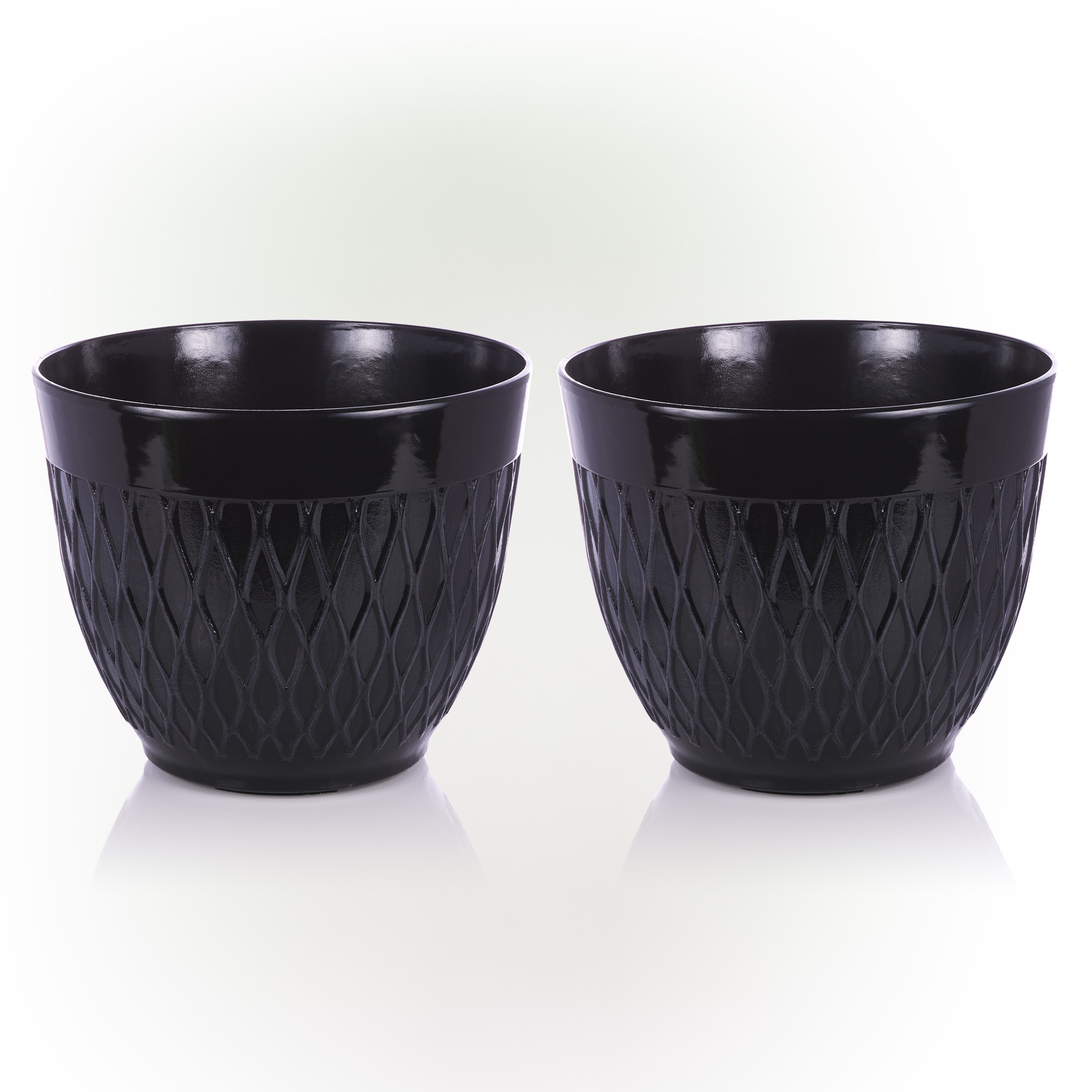 BLACK STONE-LOOK DIAMOND DESIGN PLANTER W/DRAINAGE-SET OF 2