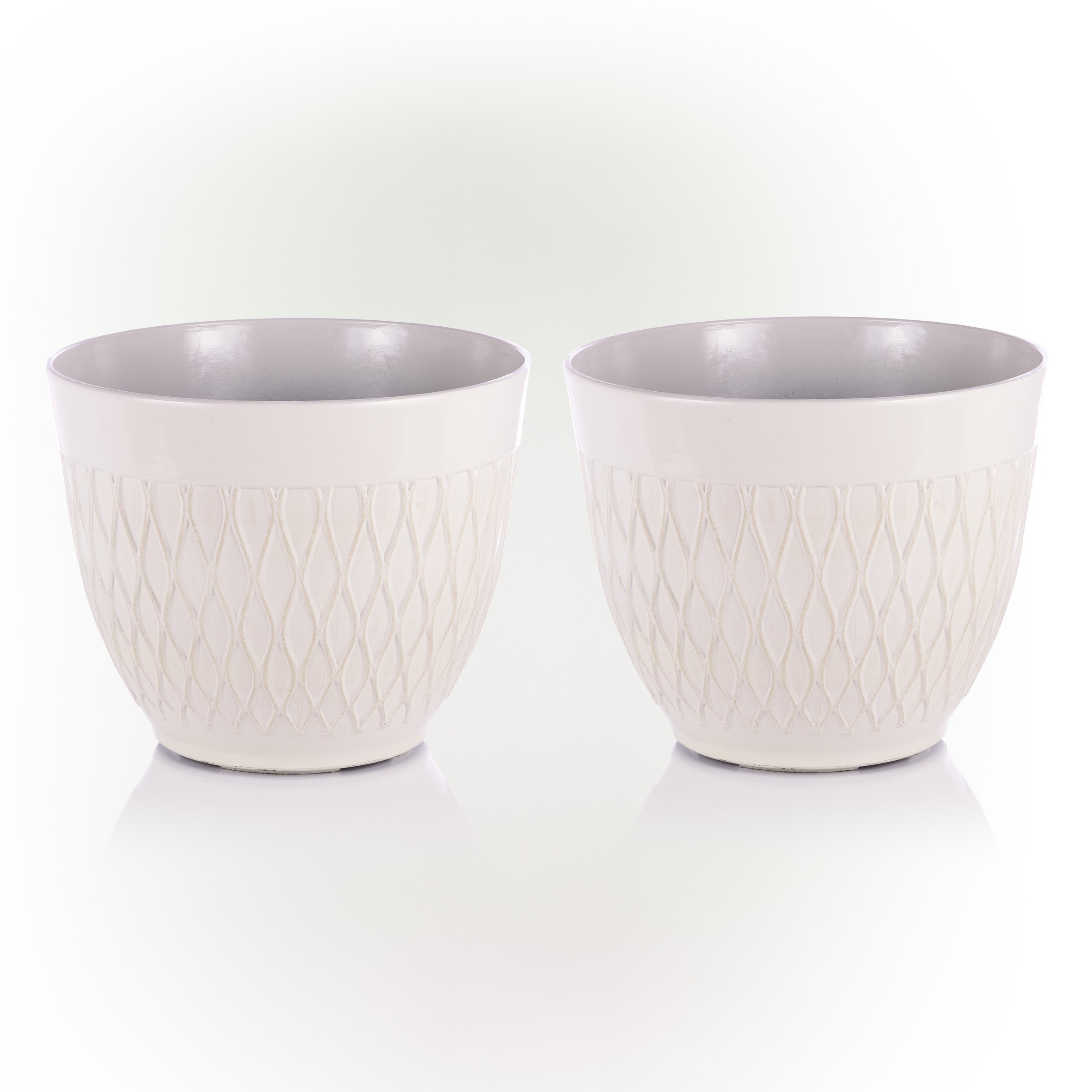 WHITE STONE-LOOK DIAMOND DESIGN PLANTER W/DRAINAGE-SET OF 2 