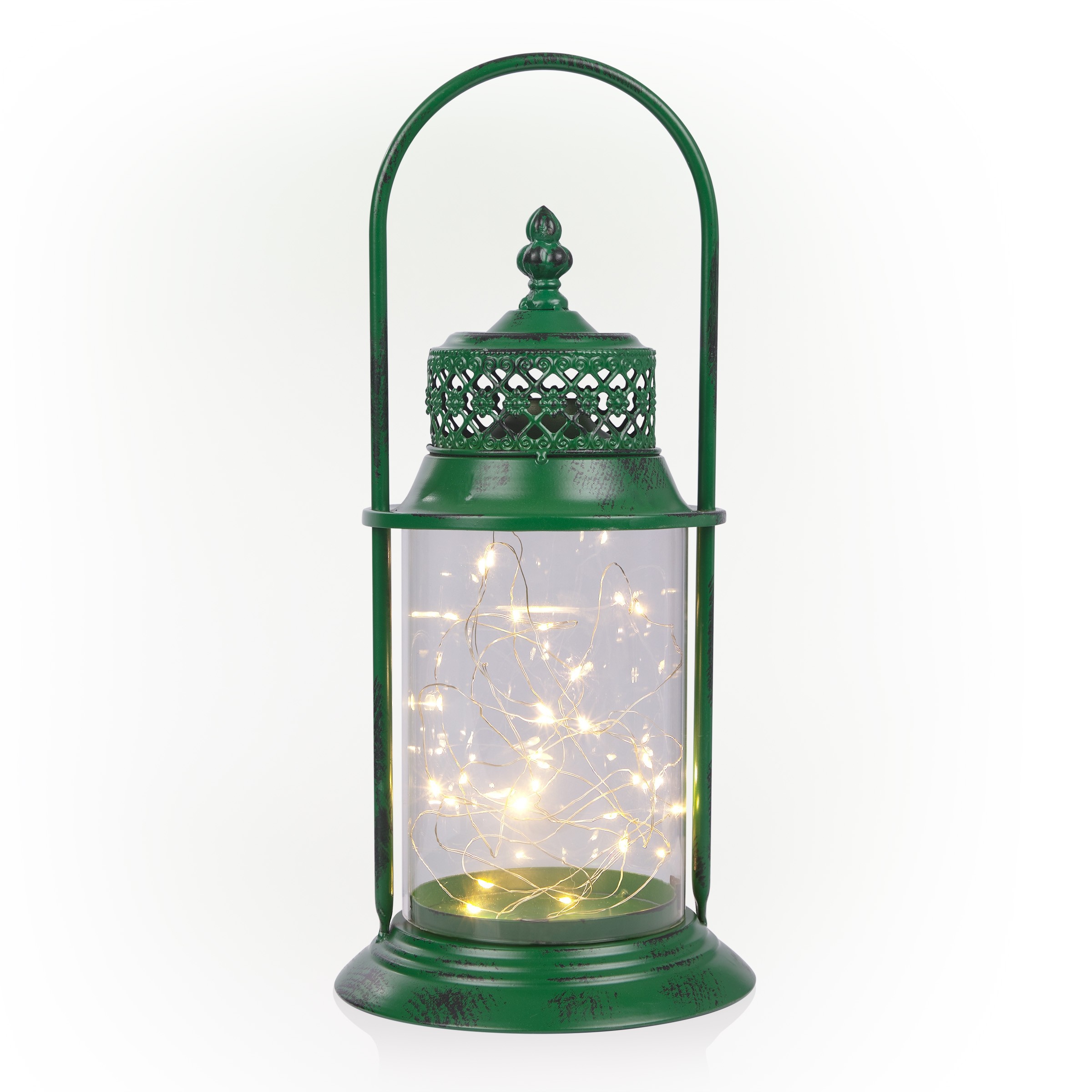 Alpine Corporation Antique Metal & Glass Lantern with Warm LED Lights, Green