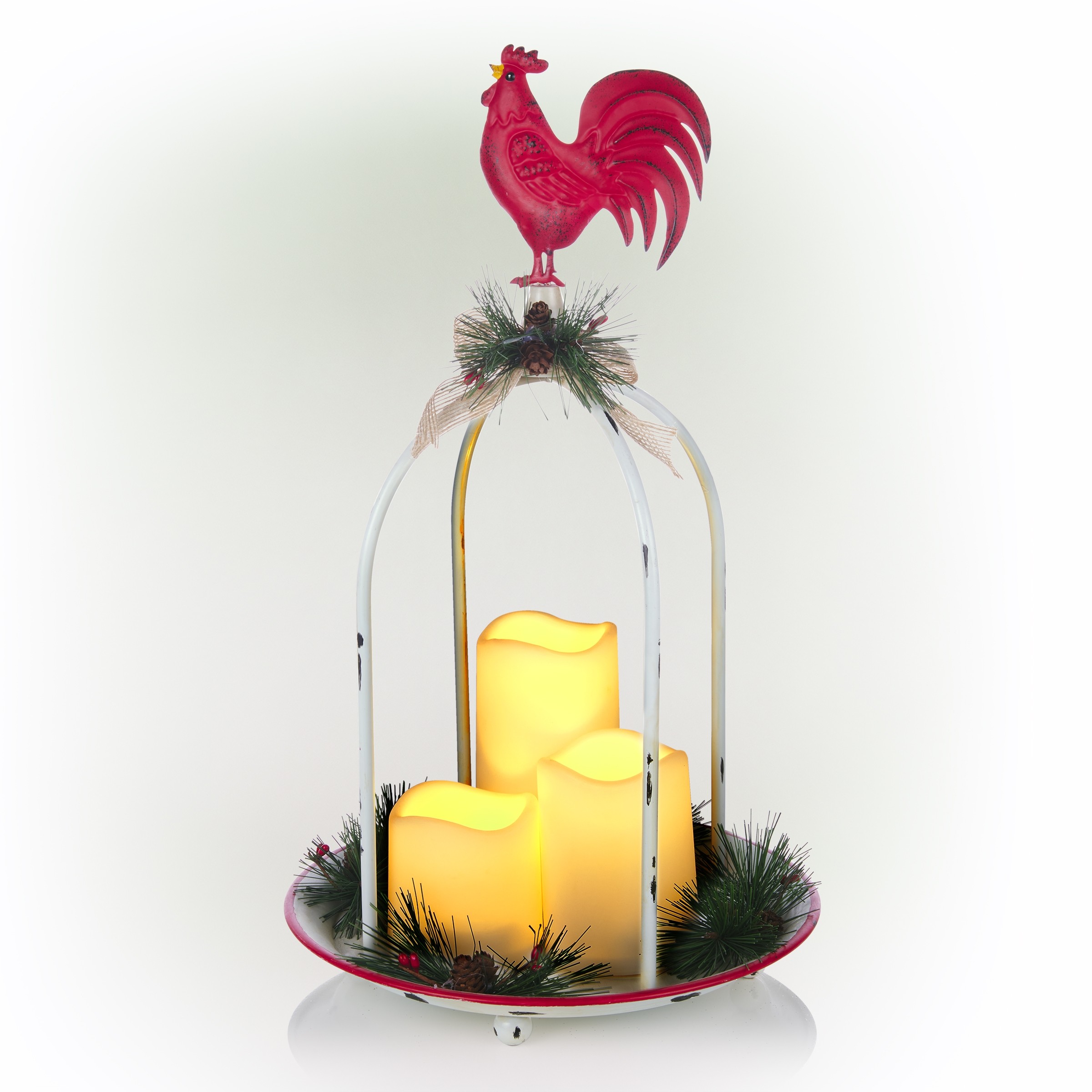 Alpine Corporation Rustic Metal Candle Décor with Rooster and Warm White LED Lights