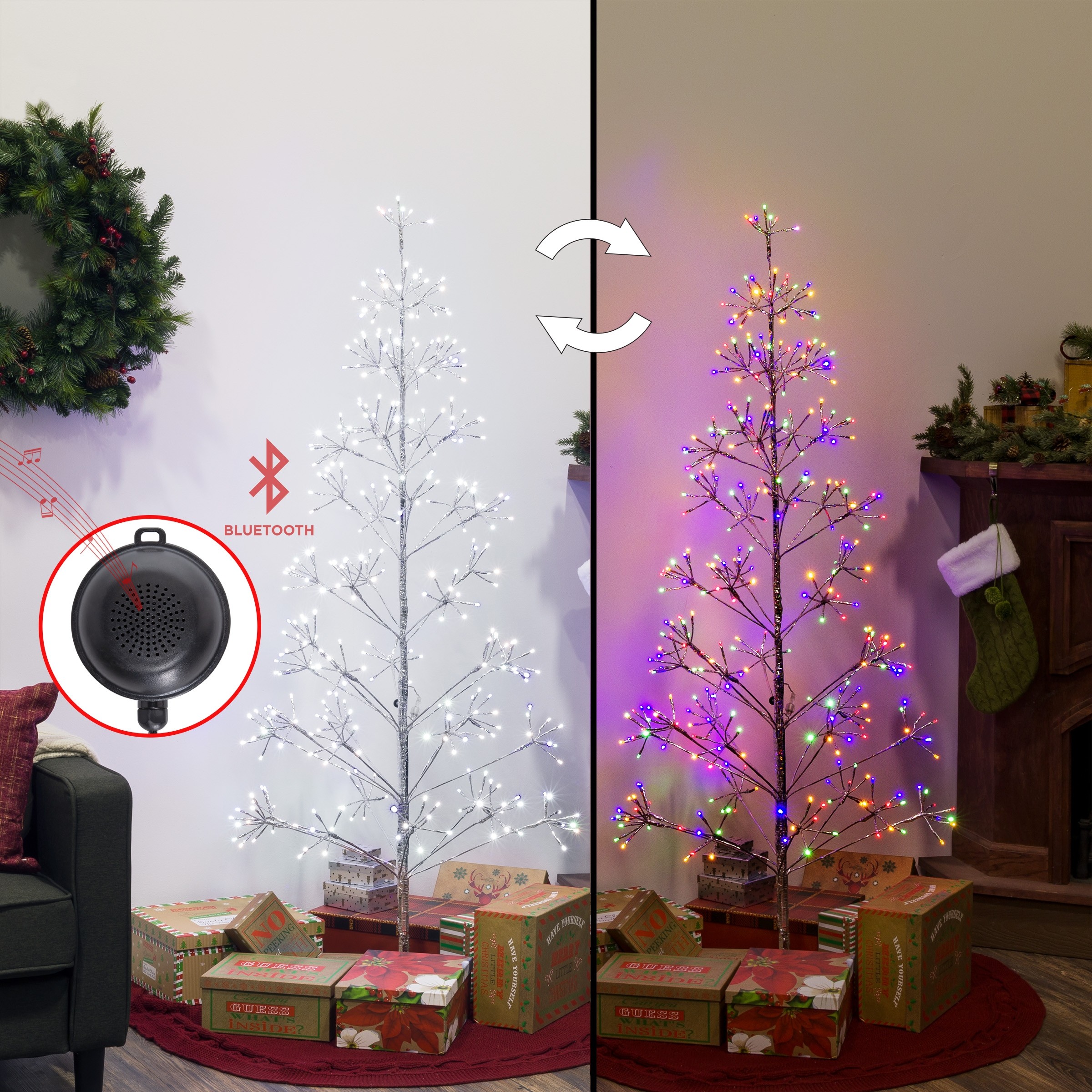 Alpine Corporation Foil Holiday Tree with White and Multicolor LED Lights and Included Bluetooth Speaker