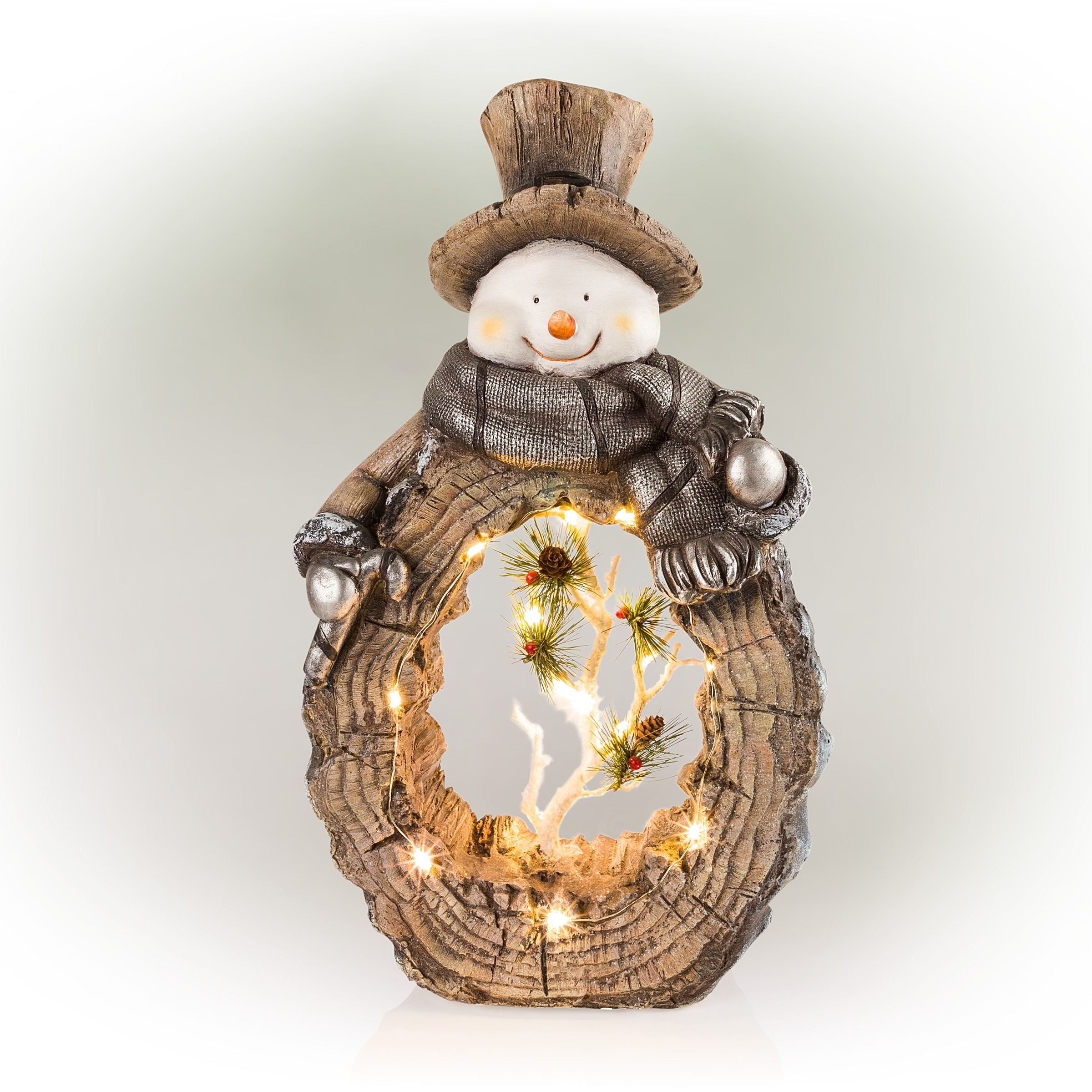 Snowman Statue with Carved Wood Look and LED Lights