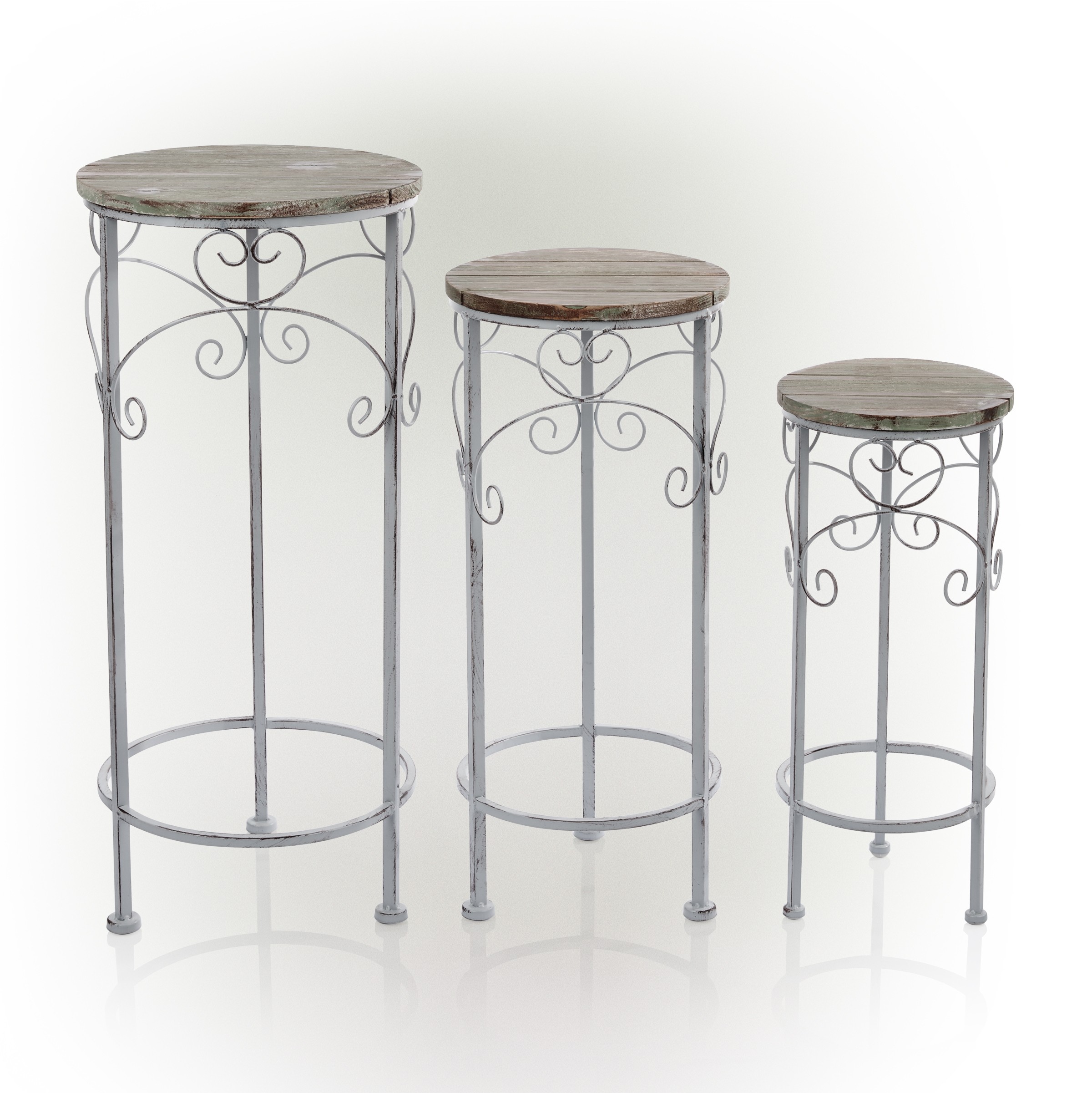 Green Weathered Wood and Metal Plant Stand - Set of 3
