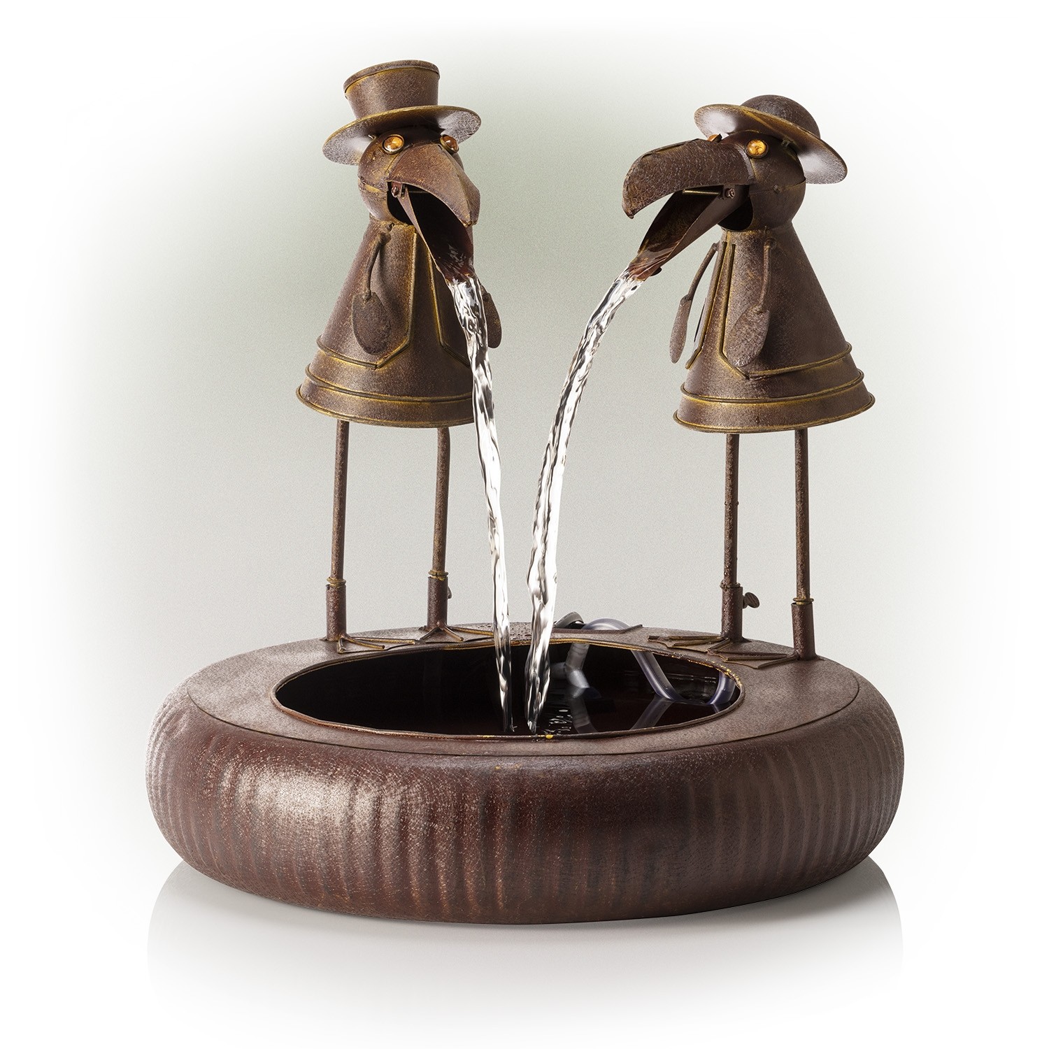 20" TOUCANS IN SUITS METALLIC FOUNTAIN WITH RUSTIC FINISH