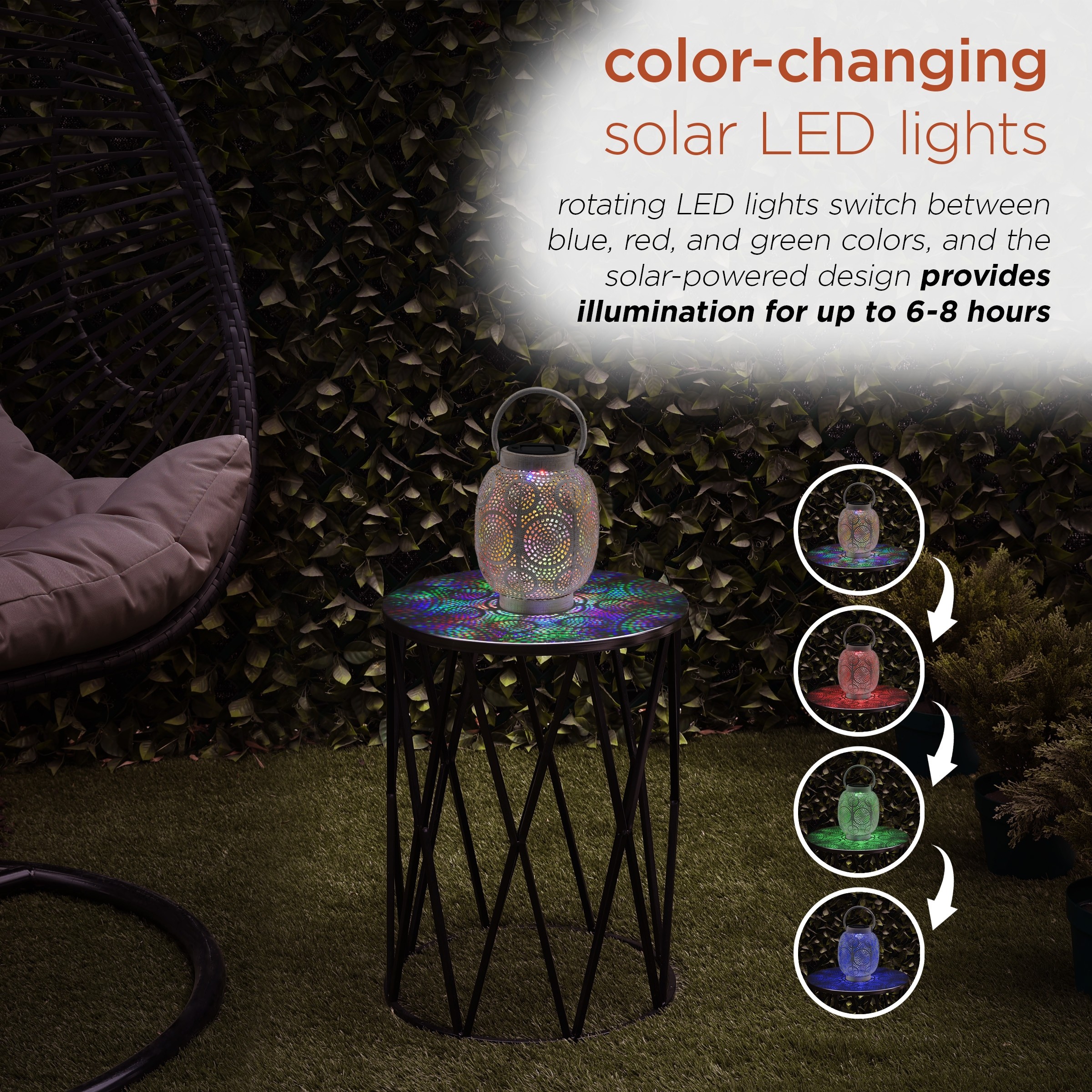 ALPINE CORPORATION 8"H OUTDOOR SOLAR-POWERED HOLLOW METAL LANTERN WITH ROTATING MULTICOLOR LED LIGHTS, ANTIQUE WHITE 