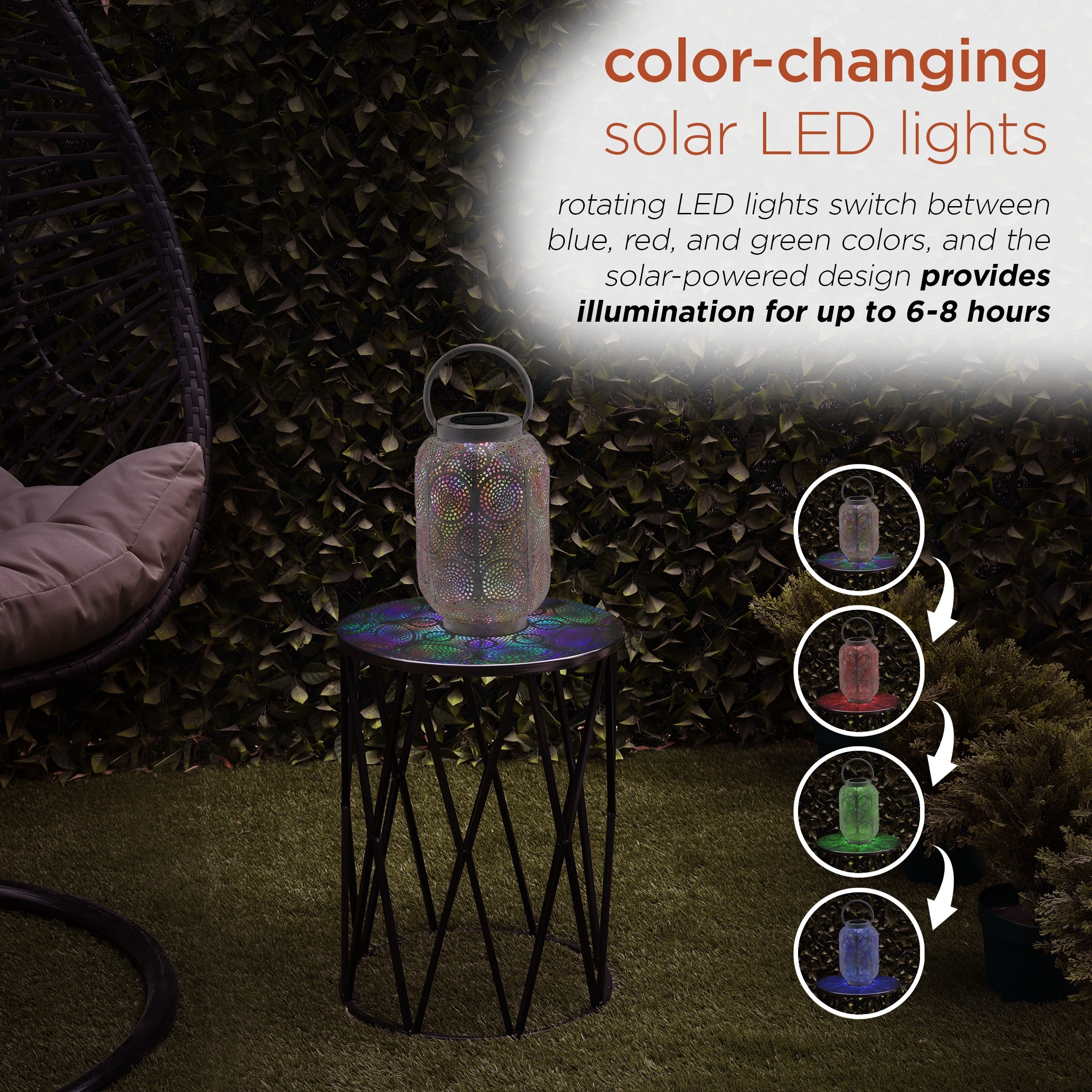 Alpine Corporation 12"H Outdoor Solar-Powered Hollow Metal Lantern with Rotating Multicolor LED Lights, Antique White