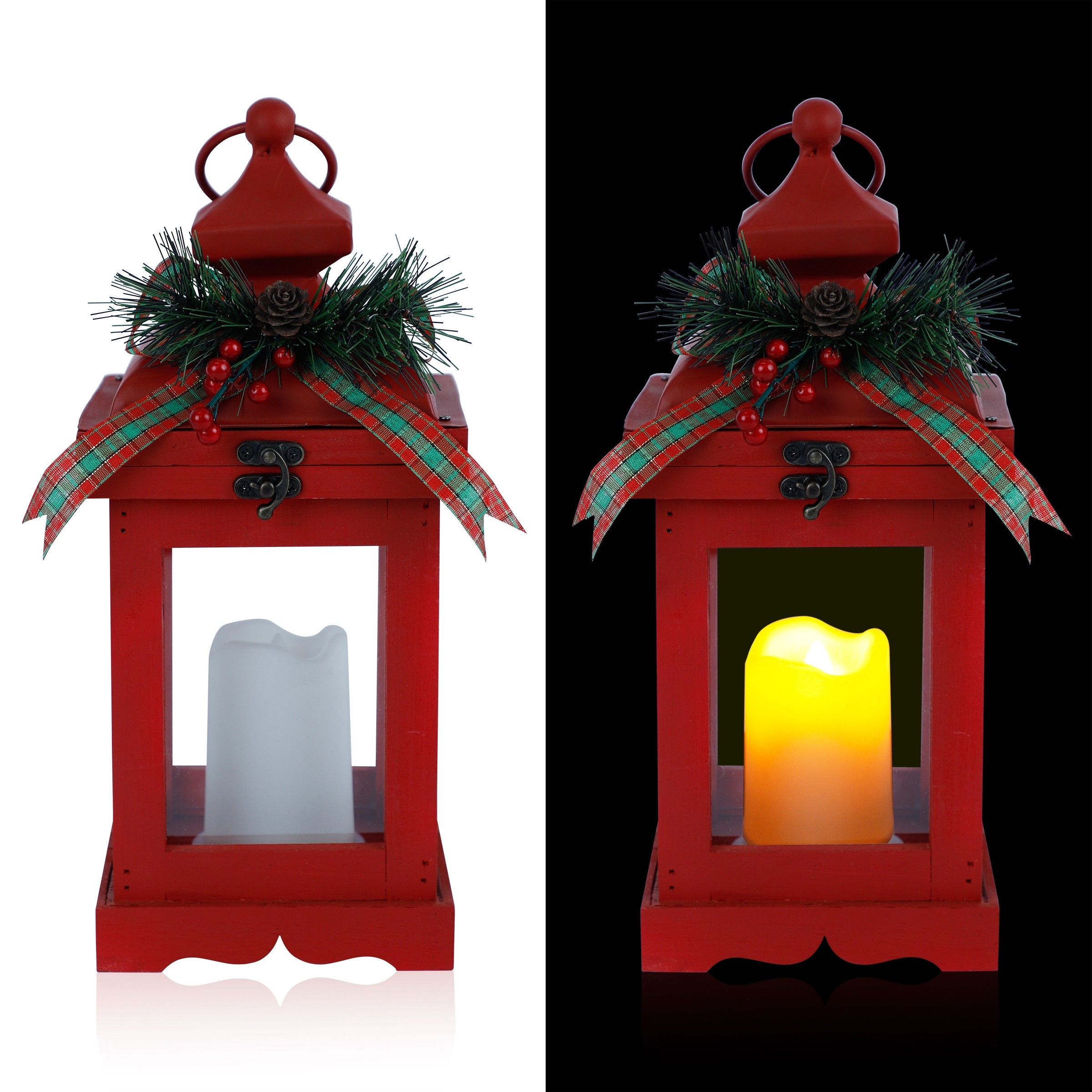 RED CHRISTMAS LANTERN WITH WARM WHITE LED CANDLE 