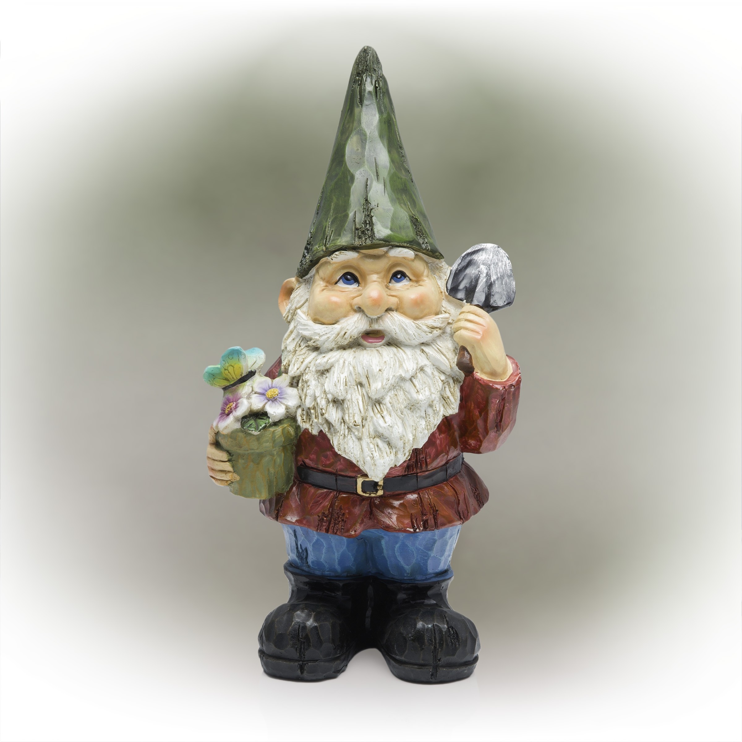 12" Green Hat Gnome Garden Statue with Flower Pot on Hand
