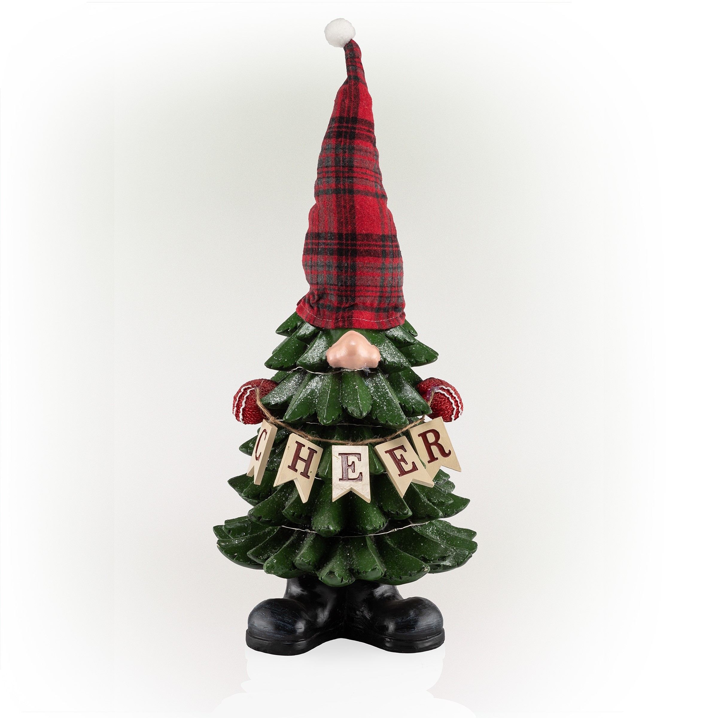 Alpine Corporation 28"H Polyresin Christmas Tree "Cheer" Gnome Decoration with Color Changing LED Lights