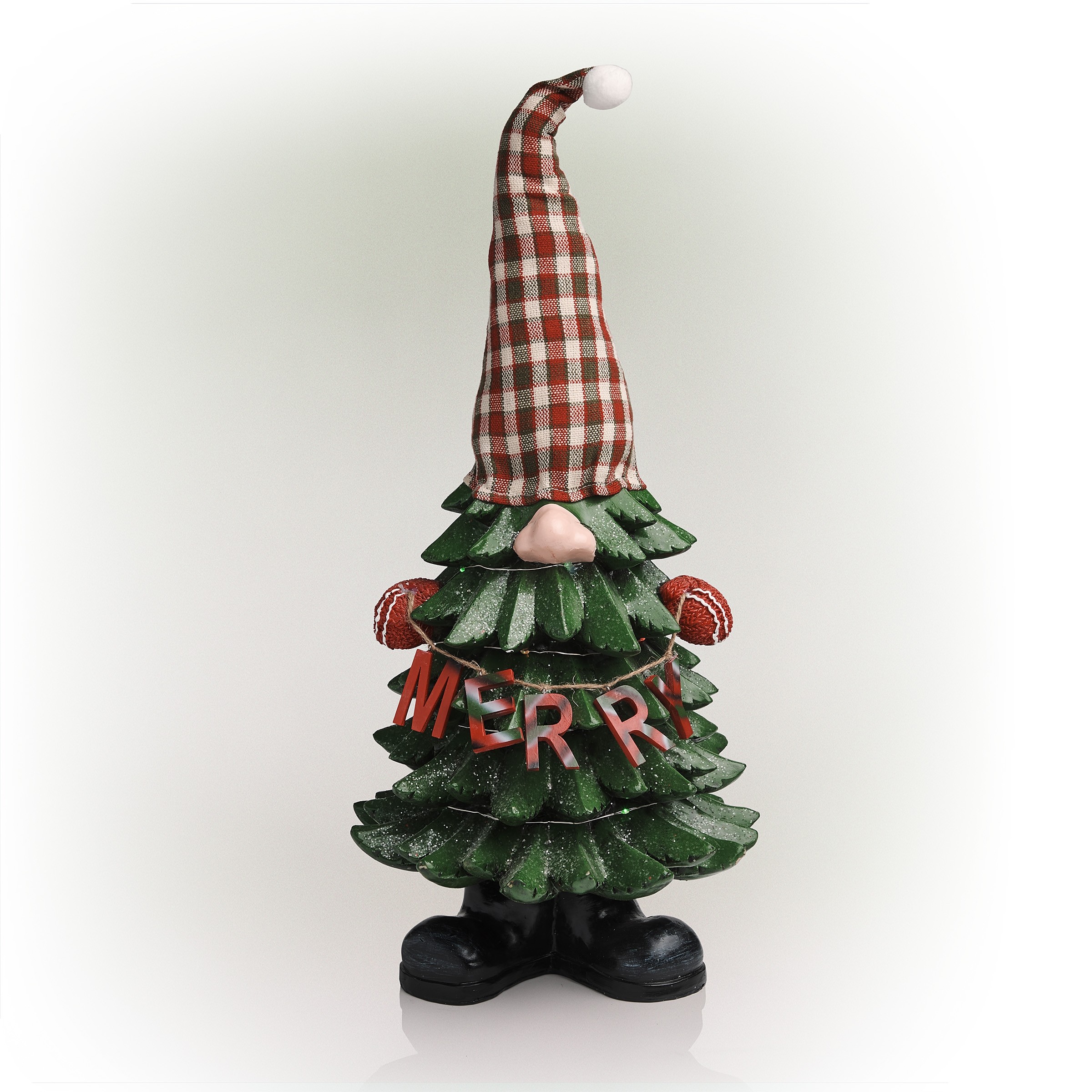 Alpine Corporation 28"H Polyresin Christmas Tree "Merry" Gnome Decoration with Color Changing LED Lights