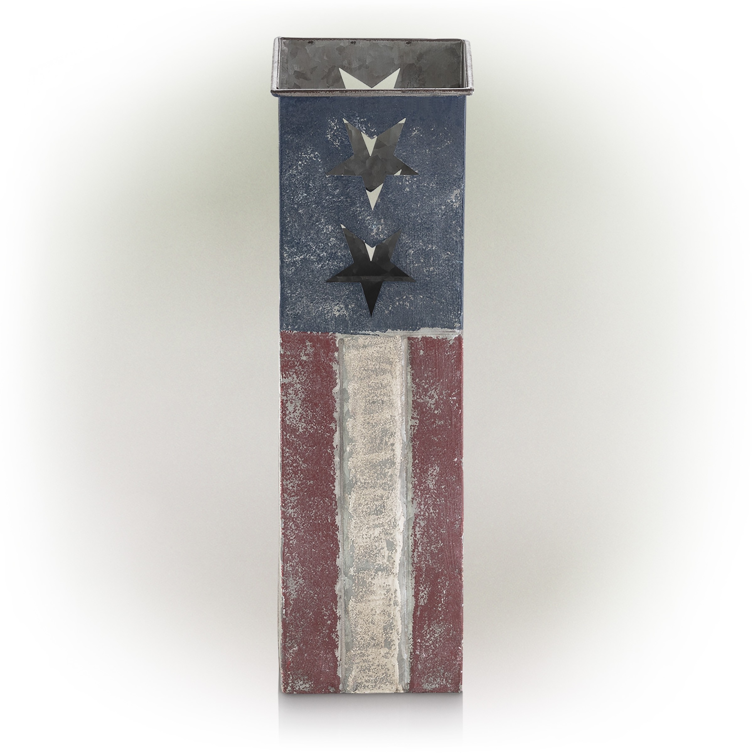 Alpine Corporation 16" Tall Indoor/Outdoor Rustic Metal American Flag Decorative Planter, Medium