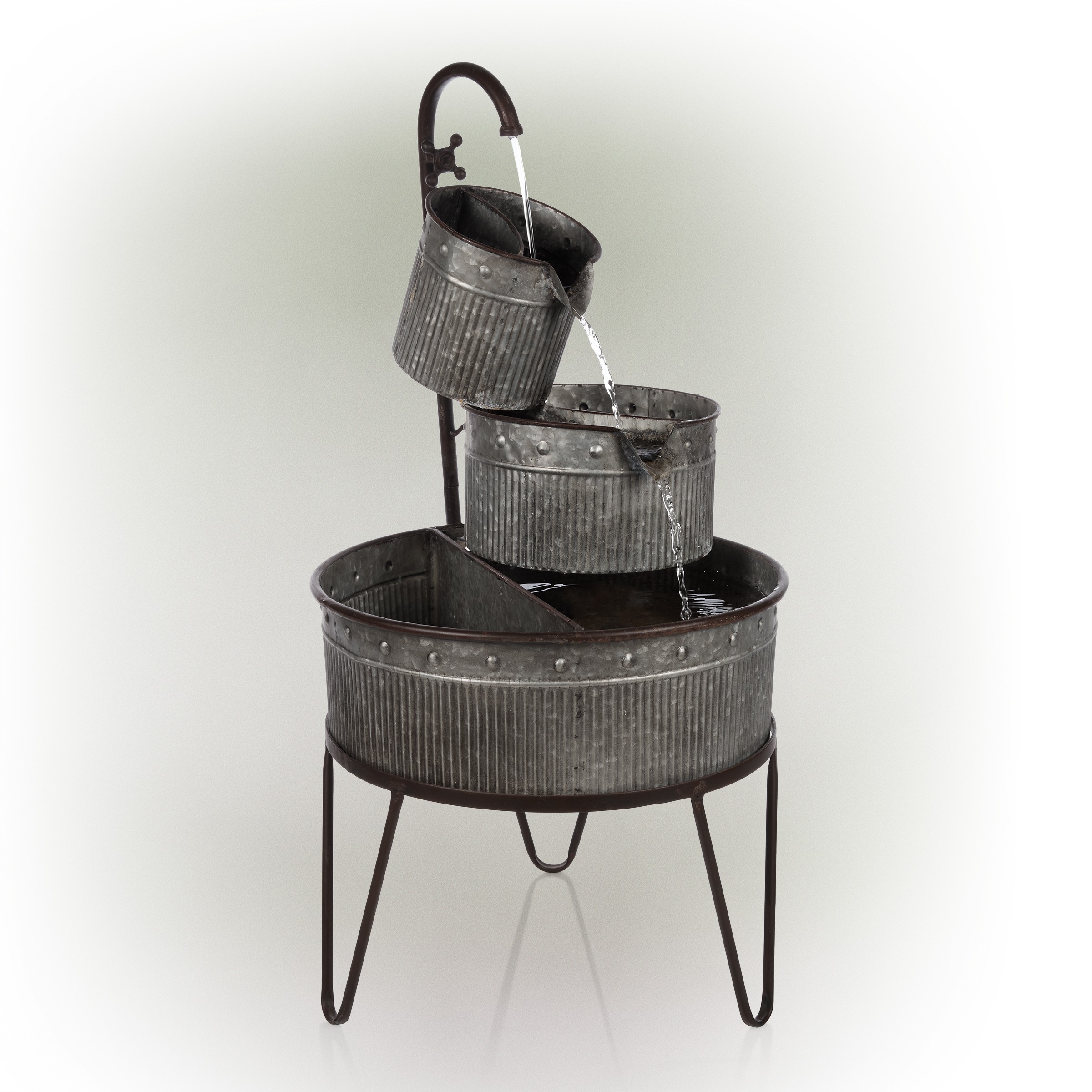 3-TIER STACKED RUSTIC METAL TUB PLANTER FOUNTAIN 