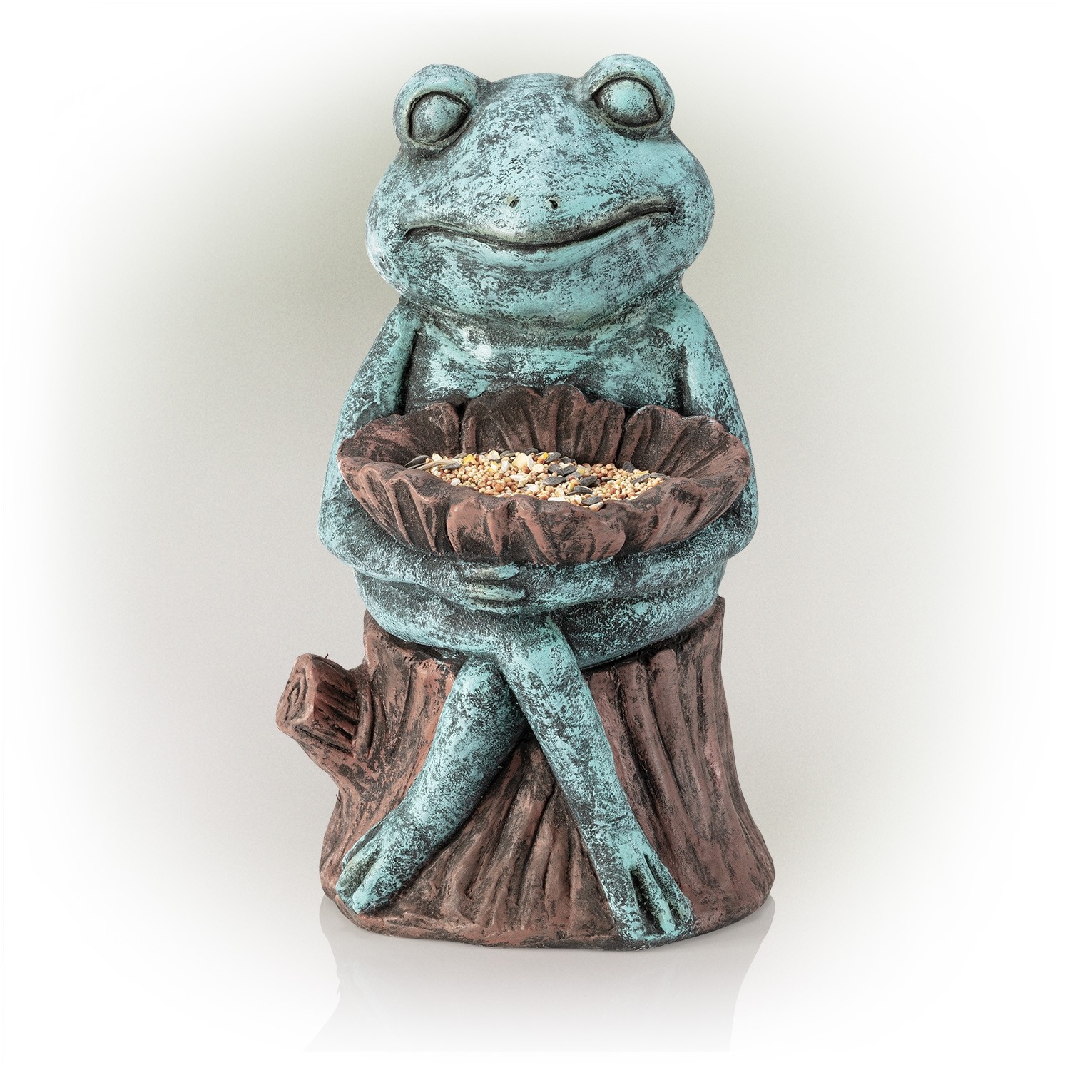 16" Sitting Turquoise-Colored Frog Garden Statue with Flower