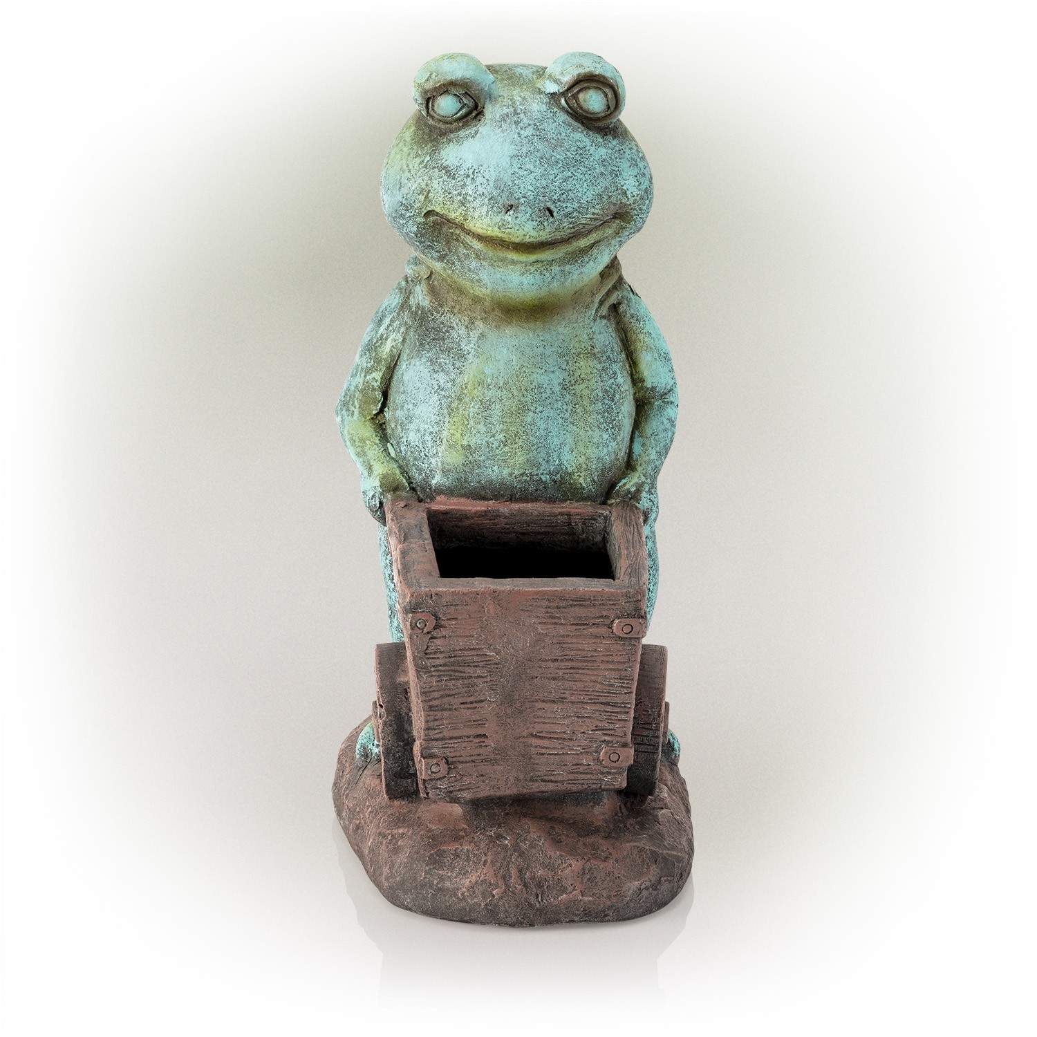 15" Cart Pushing Turquoise-Colored Frog Garden Statue