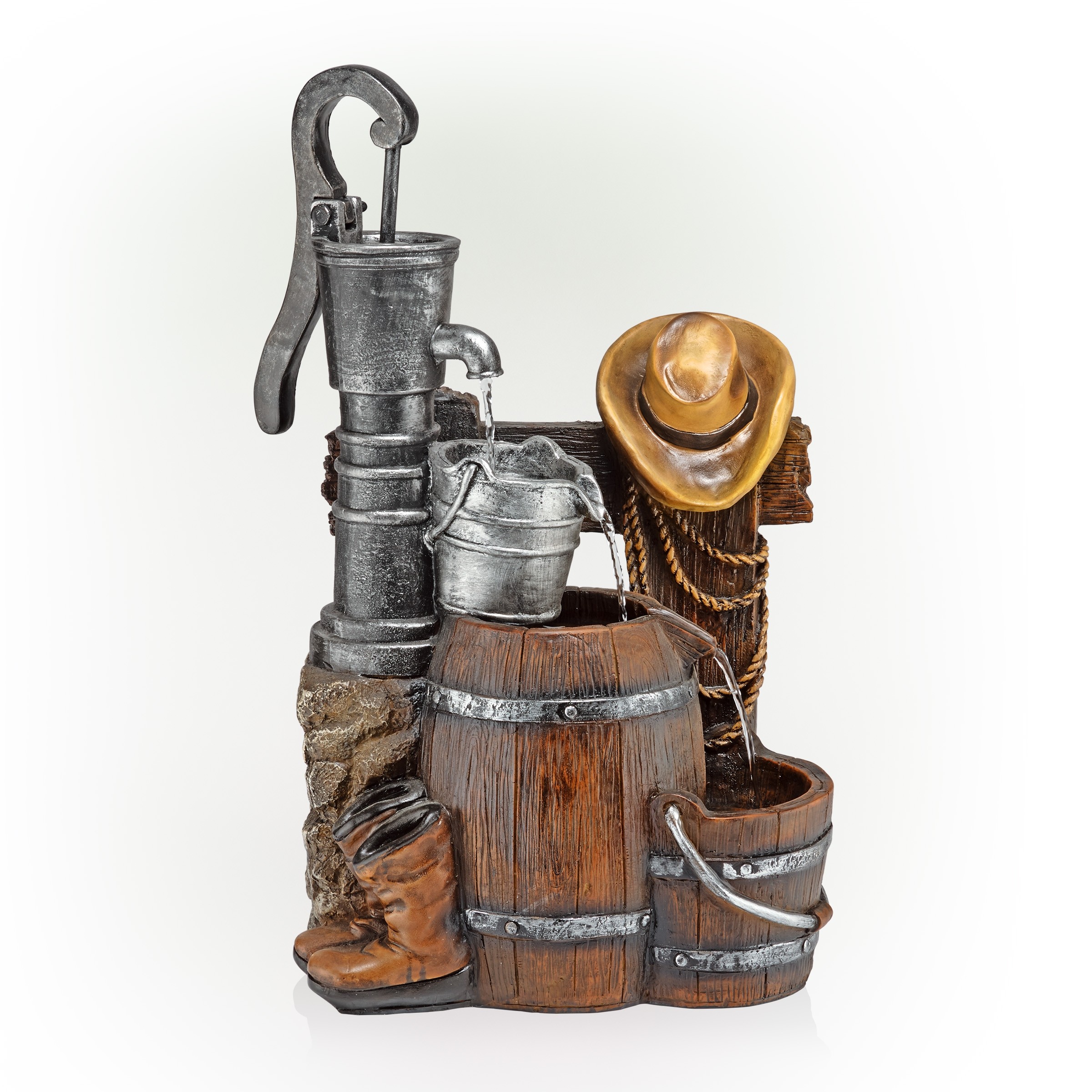 PUMP AND BARREL FOUNTAIN WITH COWBOY HAT