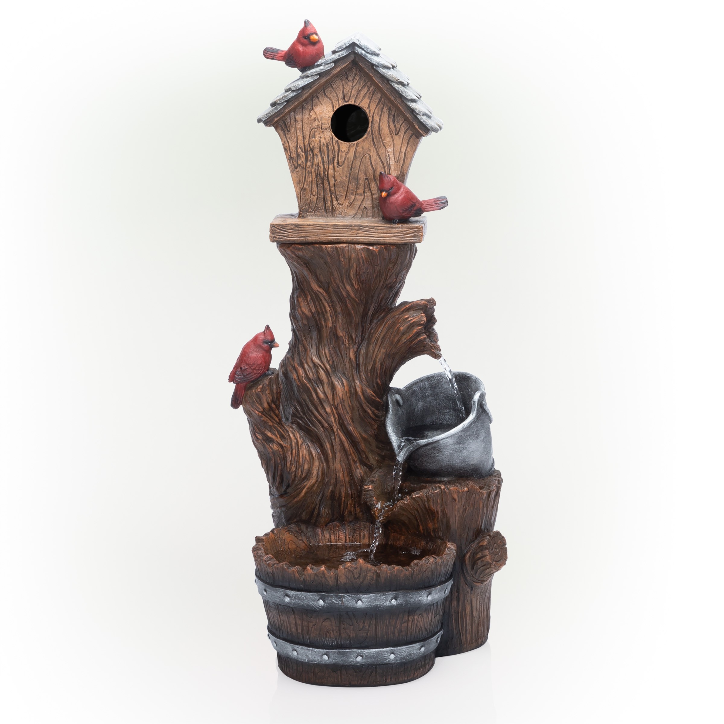 CARDINAL BIRDHOUSE CASCADING BARREL FOUNTAIN