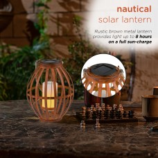 Alpine Corporation 10" Tall Outdoor Solar Powered Nautical Metal Lantern with Flickering LED Lights
