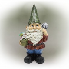 12" Green Hat Gnome Garden Statue with Flower Pot on Hand