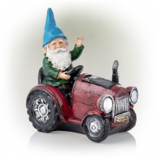 Solar Red Tractor Riding Gnome with Cool White LED Lights