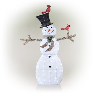 Alpine Corporation 74"H Outdoor Mesh Snowman Lawn Decoration with Red Birds and White LED Lights