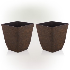 11" BROWN TEXTURED STONE-LOOK SQUARED PLANTERS-SET OF 2 -SM 