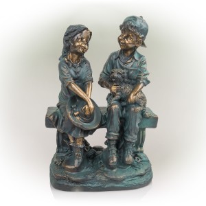 16" TALL GIRL AND BOY SITTING ON BENCH WITH PUPPY STATUE