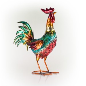 GLOSSY METAL ROOSTER DÉCOR WITH DARK RED TAIL 