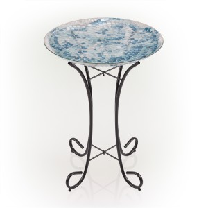 Alpine Corporation 24" Tall Outdoor Mosaic Style Glass Birdbath Bowl with Metal Stand, Blue 
