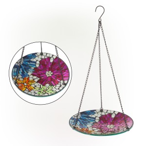 Alpine Corporation 10" Round Glass Mosaic Floral Hanging Birdbath, Multicolor
