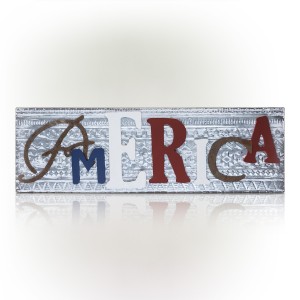 Alpine Corporation 10" Tall Indoor/Outdoor Wood and Metal America Plaque Wall Décor, Multicolor