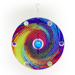 ALPINE CORPORATION 12" ROUND OUTDOOR HANGING METAL PLANET WIND SPINNER WITH MULTICOLOR GLASS BALLS 