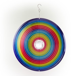 ALPINE CORPORATION 12" ROUND OUTDOOR HANGING METAL PLANET WIND SPINNER WITH MULTICOLOR GLASS BALLS 