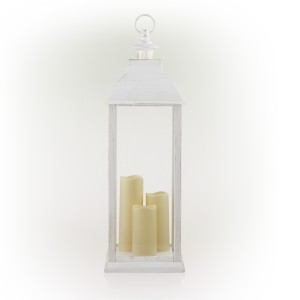 WHITE CANDLELIT LANTERN WITH WARM WHITE LED LIGHTS - LARGE