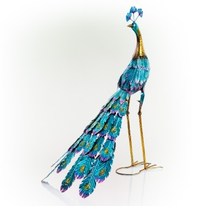 Alpine Corporation 37" Tall Indoor/Outdoor Metallic Peacock Standing Yard Statue Decoration, Multicolo