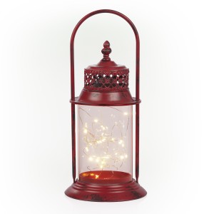 Alpine Corporation Antique Metal & Glass Lantern with Warm LED Lights, Red