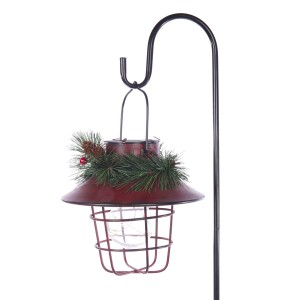 Alpine Corporation Metal Lantern with Shepherd's Hook and Solar Warm White LED Lights, Red