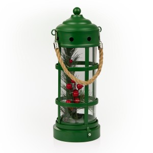 	Alpine Corporation Metal and Glass Lantern with Warm White LED Lights, Green