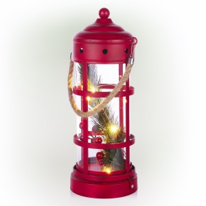 Alpine Corporation Metal and Glass Lantern with Warm White LED Lights, Red