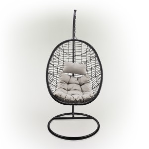 Brown Rattan Egg Chair with Cushion and Metal Stand 