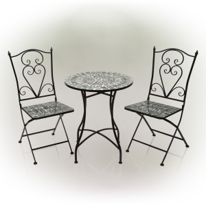Alpine Corporation Indoor/Outdoor Marbled Glass Mosaic 3-Piece Bistro Set Folding Table and Chairs Patio Seating