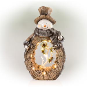 Snowman Statue with Carved Wood Look and LED Lights