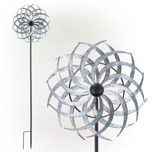 	Alpine Corporation 58" Tall Outdoor Galvanized Metal Dual Windmill Spinner Stake Yard Decoration, Silver