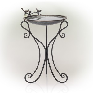 34" Elegant Metallic Bird Bath with Twigs and Hummingbirds