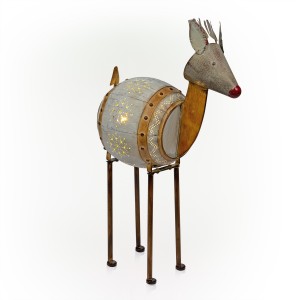 33" Weathered Barrel Reindeer with Warm White LED Lights